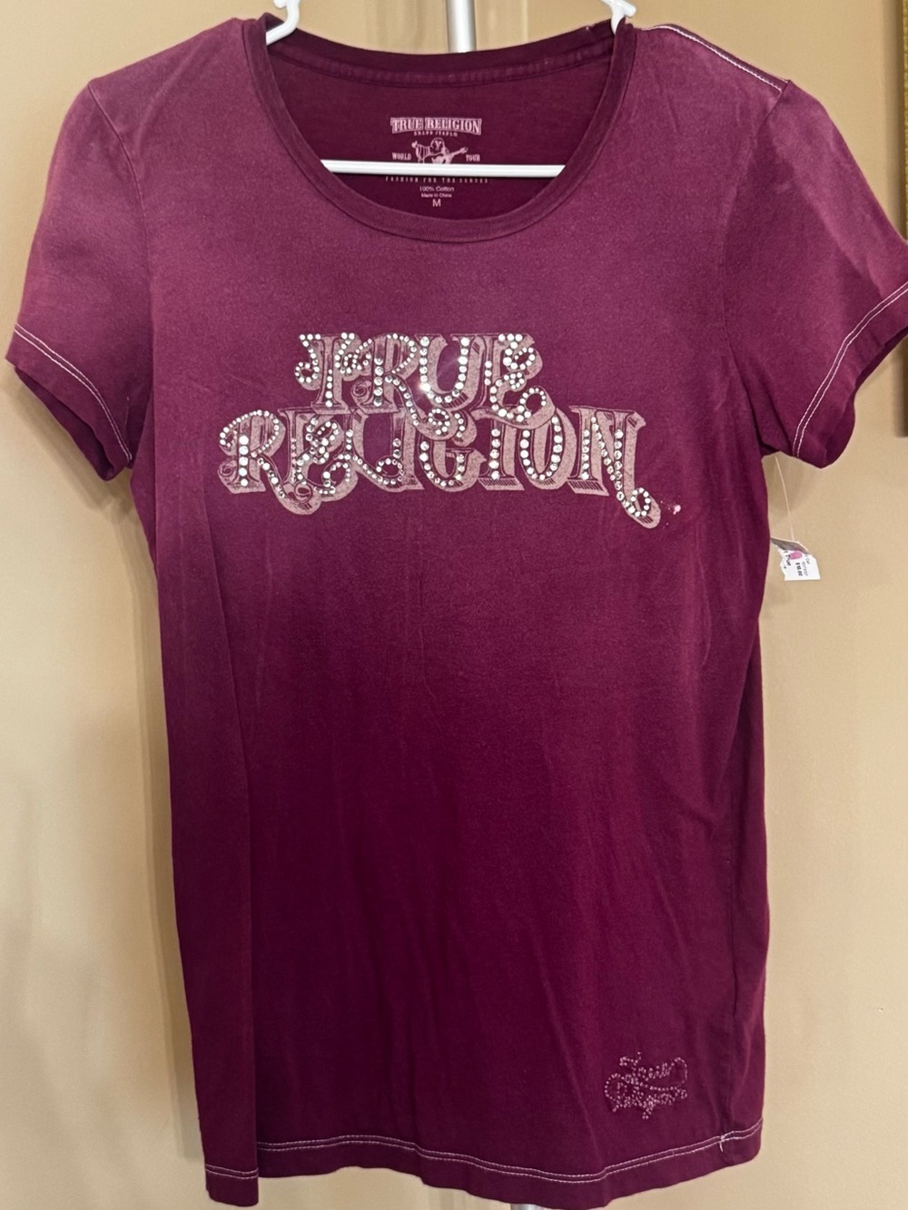 True Religion Plum Short Sleeve Tee with Rhinestone Logo BLEACH SPOT